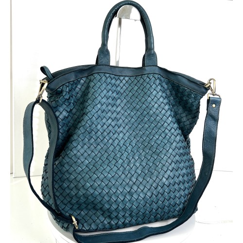 Handcrafted Teal Blue Washed Woven Leather Tote Bag Kaila