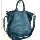 Handcrafted Teal Blue Washed Woven Leather Tote Bag Kaila