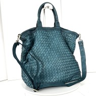 Handcrafted Teal Blue Washed Woven Leather Tote Bag Kaila