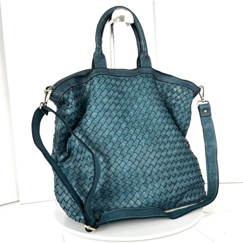 Handcrafted Teal Blue Washed Woven Leather Tote Bag Kaila