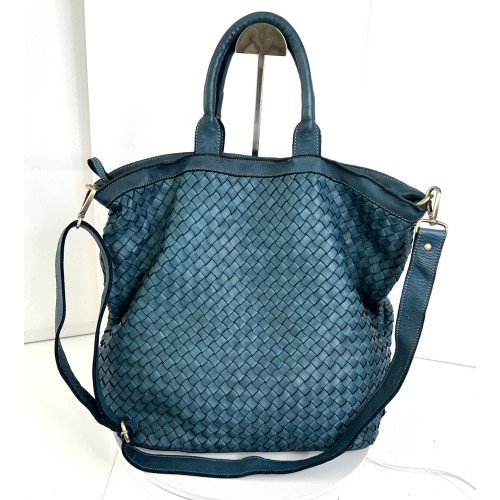 Handcrafted Teal Blue Washed Woven Leather Tote Bag Kaila