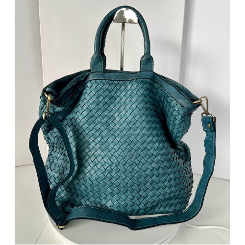 Handcrafted Teal Blue Washed Woven Leather Tote Bag Kaila