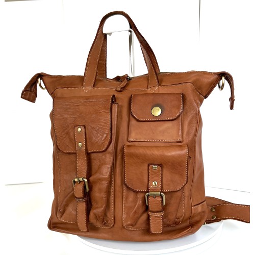 Cognac Leather Convertible Backpack Tote Stella