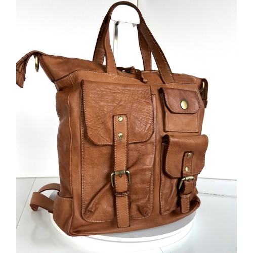 Cognac Leather Convertible Backpack Tote Stella