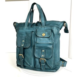 Teal Blue Soft Leather Backpack Tote Stella