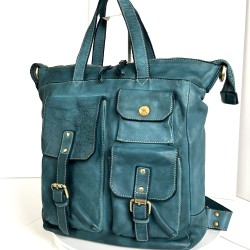Teal Blue Soft Leather Backpack Tote Stella