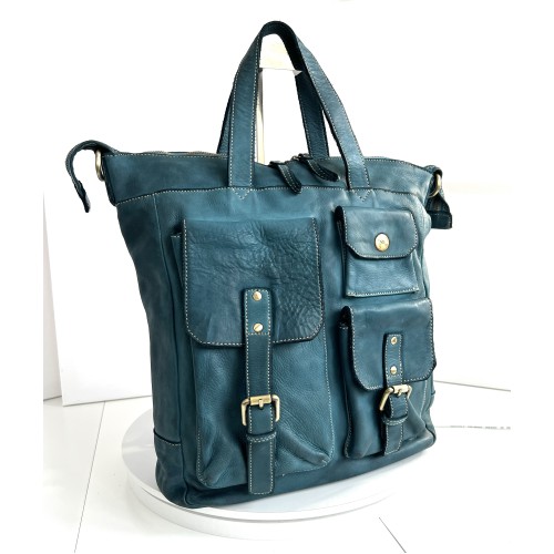 Teal Blue Soft Leather Backpack Tote Stella
