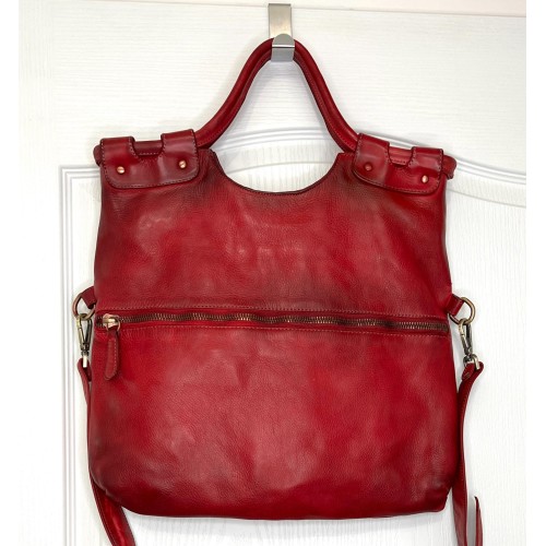 Victoria Cherry Red Washed Leather Foldover Tote Bag