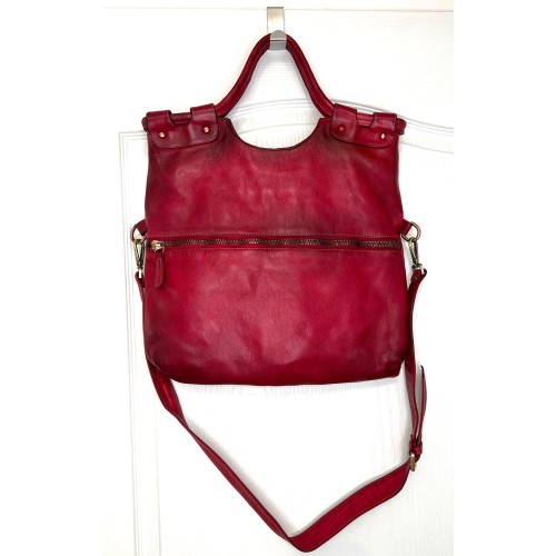 Victoria Cherry Red Washed Leather Foldover Tote Bag