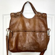 Victoria Cognac Brown Italian Leather Foldover Tote Bag