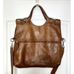 Victoria Cognac Brown Italian Leather Foldover Tote Bag