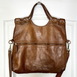 Victoria Cognac Brown Italian Leather Foldover Tote Bag