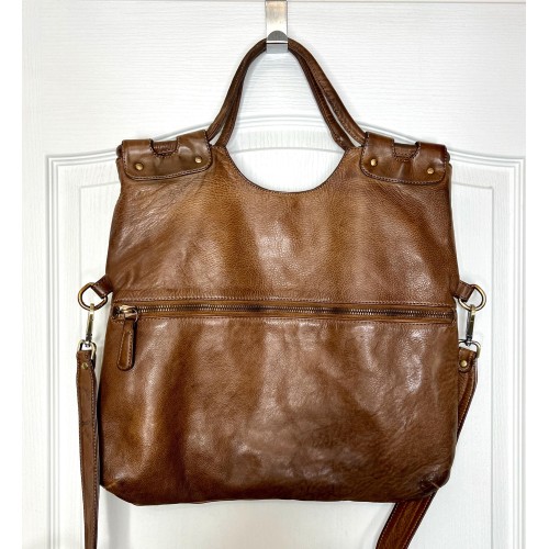 Victoria Cognac Brown Italian Leather Foldover Tote Bag