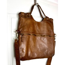 Victoria Cognac Brown Italian Leather Foldover Tote Bag