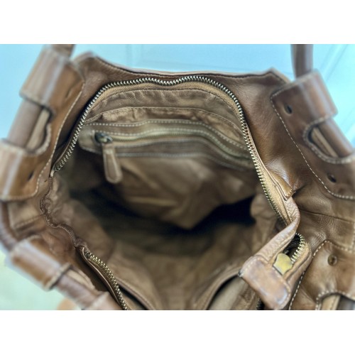 Victoria Cognac Brown Italian Leather Foldover Tote Bag