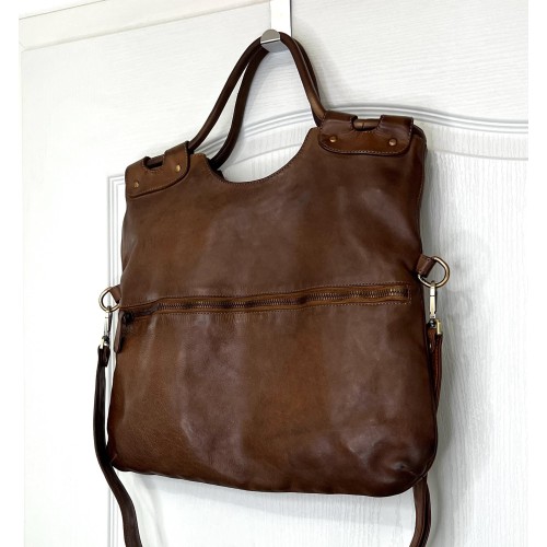 Victoria Dark Brown Espresso Leather Foldover Tote Bag