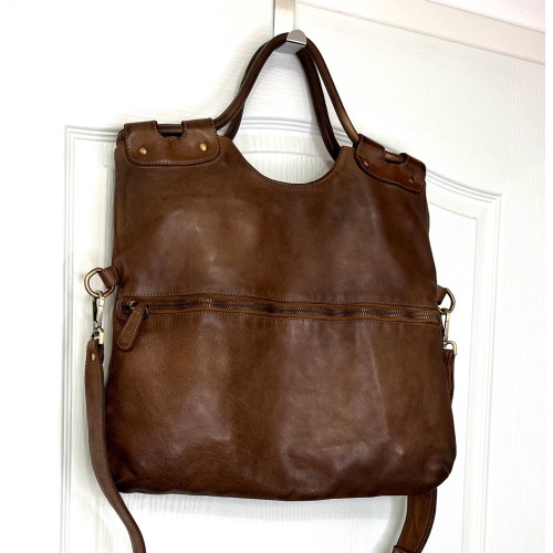 Victoria Dark Brown Espresso Leather Foldover Tote Bag