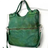 Victoria Green Washed Italian Leather Foldover Tote Bag