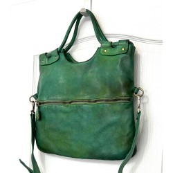 Victoria Green Washed Italian Leather Foldover Tote Bag