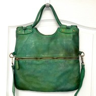 Victoria Green Washed Italian Leather Foldover Tote Bag