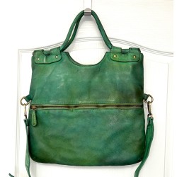 Victoria Green Washed Italian Leather Foldover Tote Bag