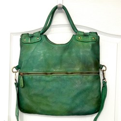 Victoria Green Washed Italian Leather Foldover Tote Bag
