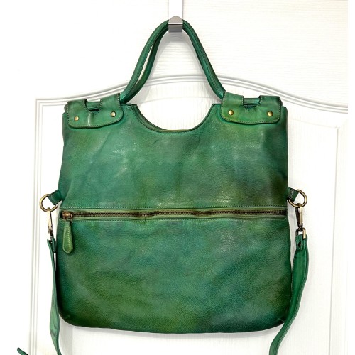 Victoria Green Washed Italian Leather Foldover Tote Bag