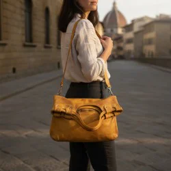 Victoria Mustard Yellow Washed Leather Foldover Tote Victoria Mustard Yellow Washed Leather Foldover Tote